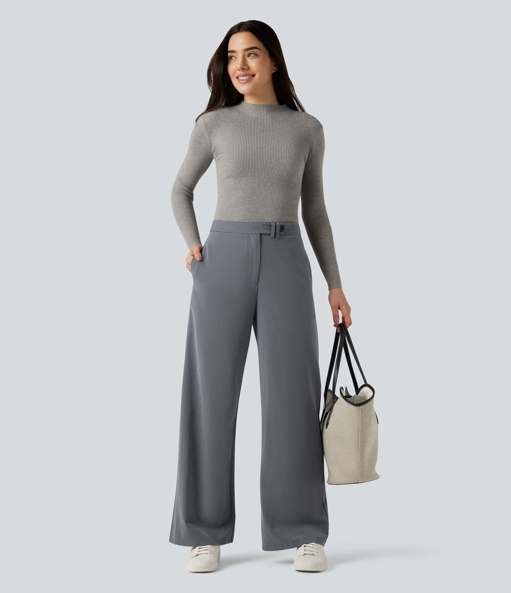 Pantalon tailleur rayé coupe droite taille haute avec poches