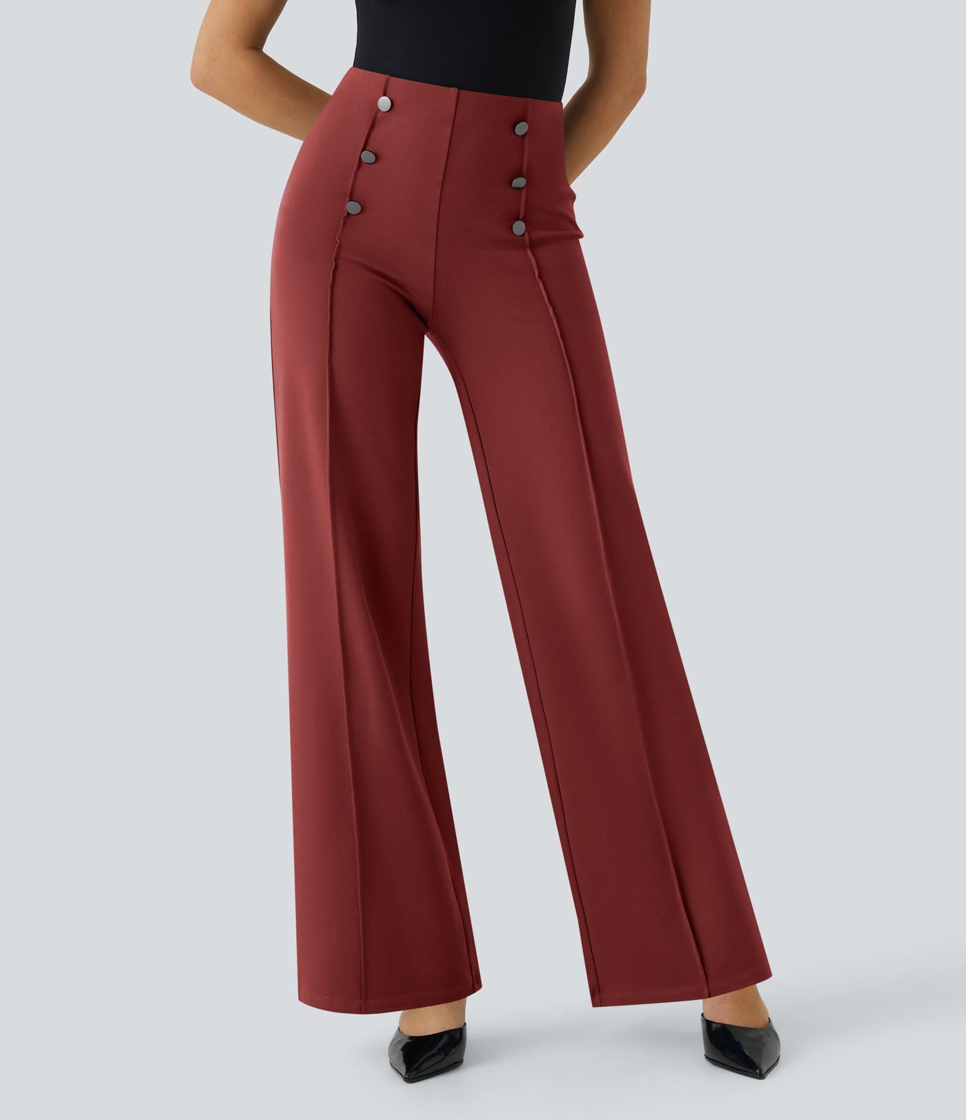 Pantalon Tailleur Large Taille Haute avec Bouton et Poches