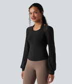 Haut de sport de yoga SoftlyZero™ aérien dos nu dos-nu manches longues bishop mesh contrastant - UPF50+