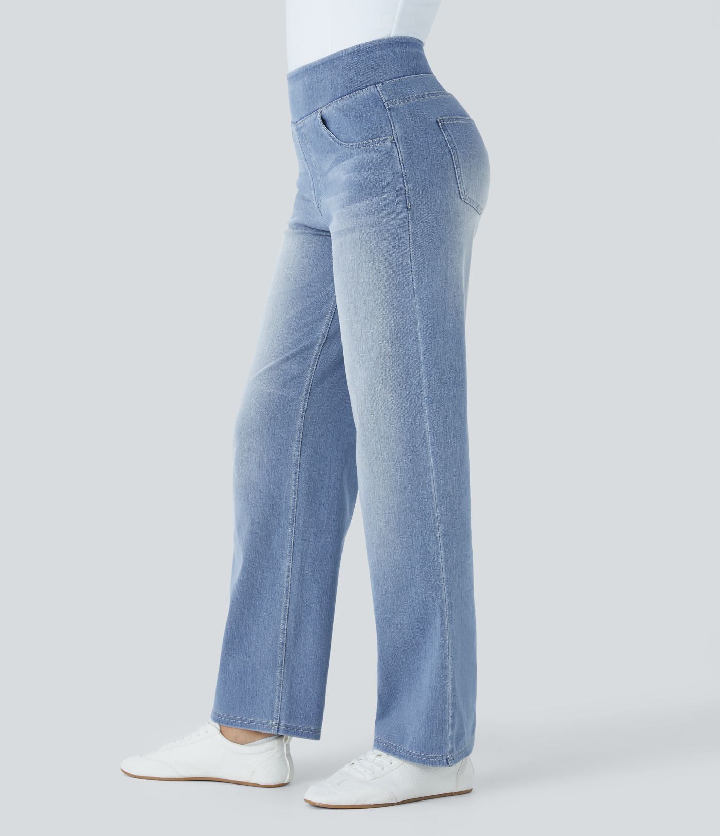 Jean décontracté Halara Flex™ taille haute, extensible, délavé, jambes droites avec poches multiples