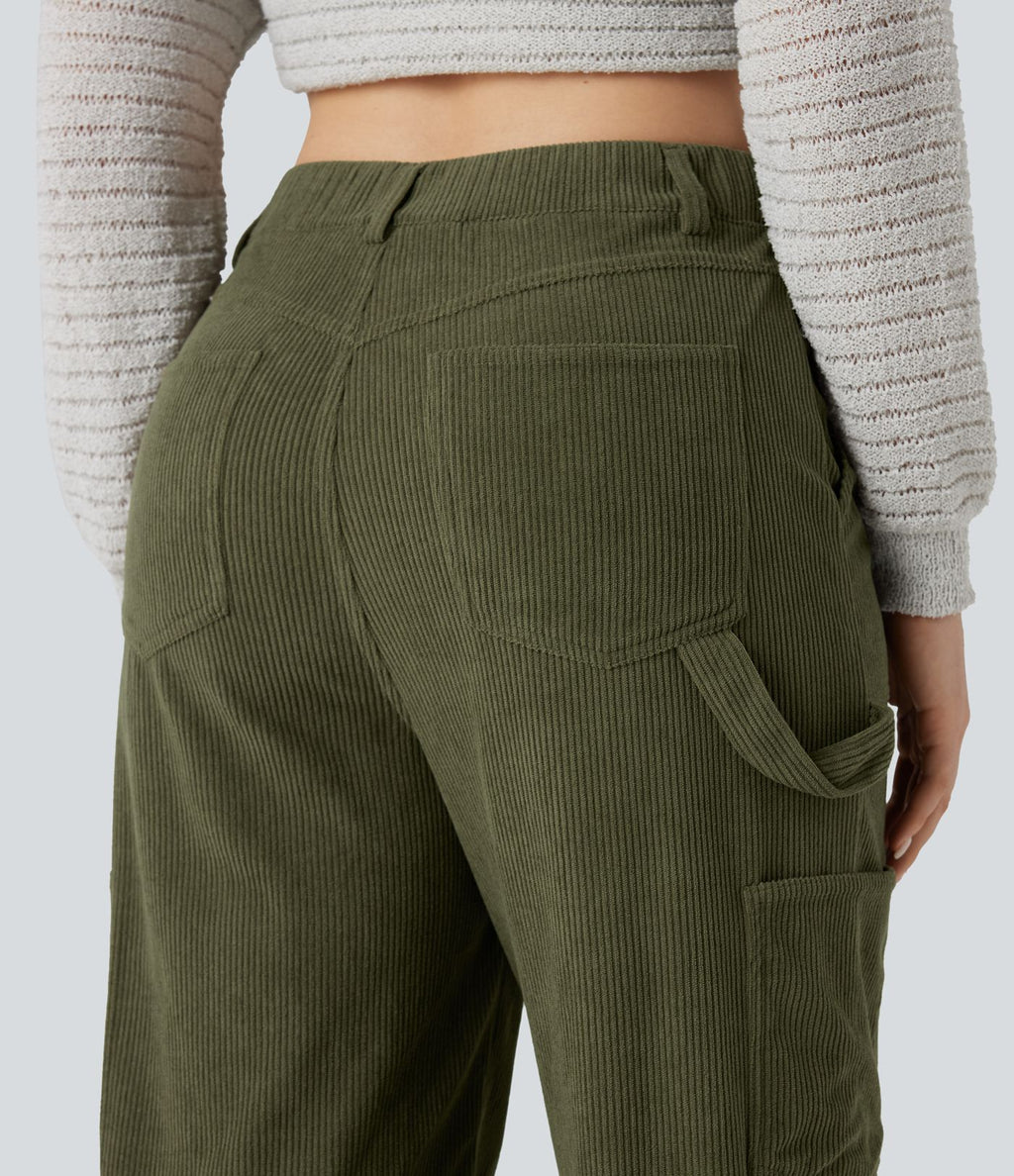 Pantalon décontracté droit en velours côtelé, taille haute, avec poches