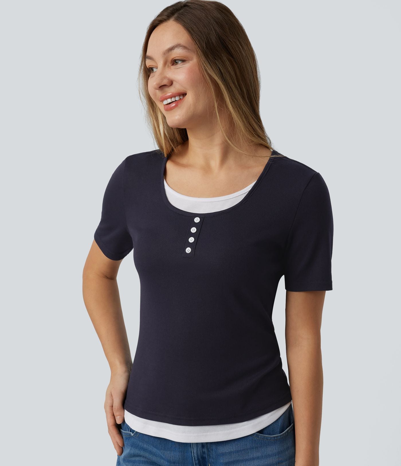 T-shirt casual color block col rond et manches courtes