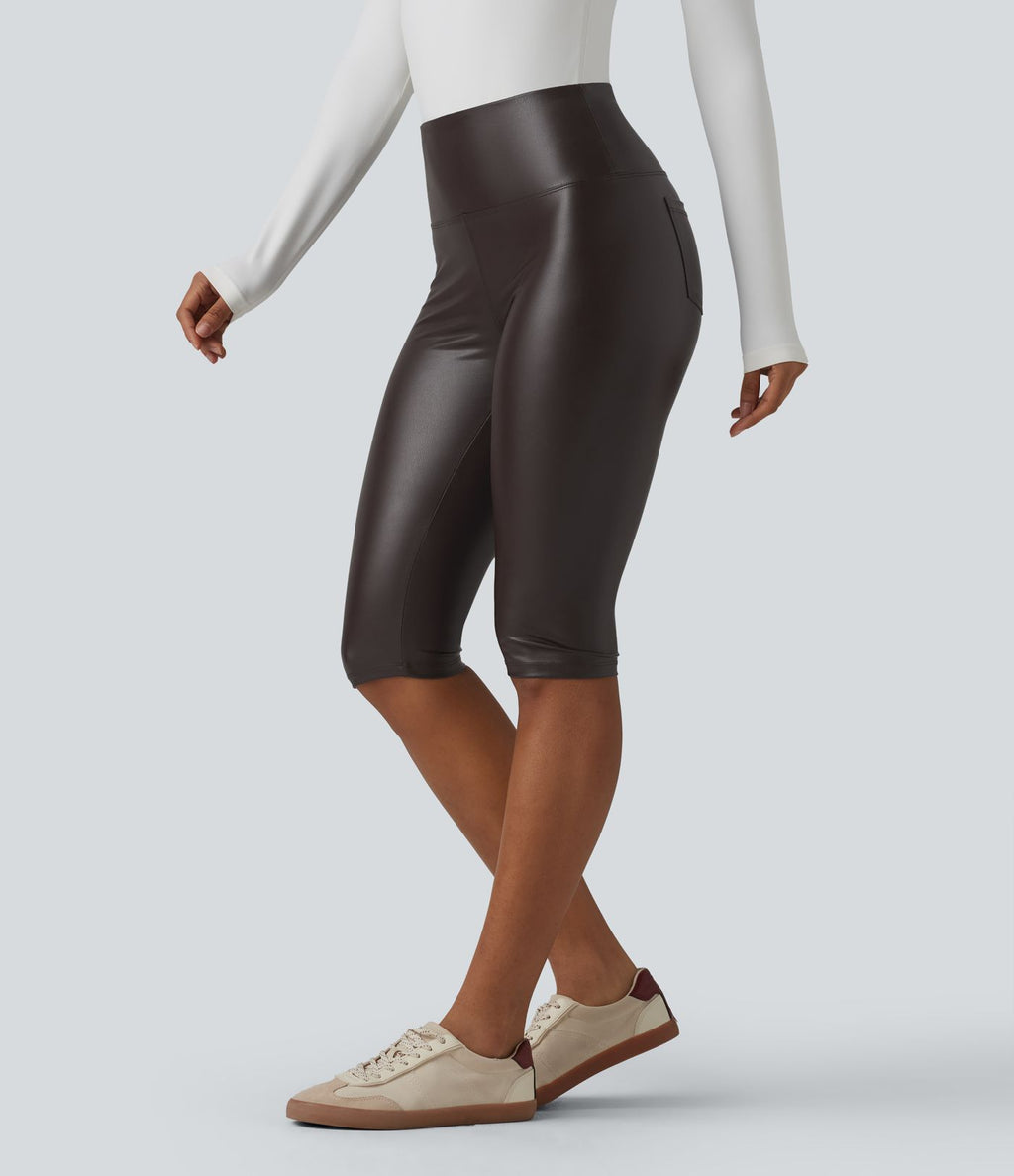Legging corsaire casual ventre plat taille haute extensible en simili cuir avec poches