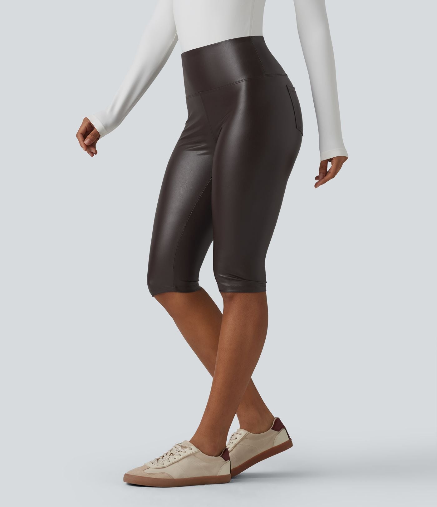 Legging corsaire casual ventre plat taille haute extensible en simili cuir avec poches