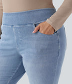 Jean décontracté Halara Flex™ grande taille bootcut taille haute en maille extensible délavée avec multiples poches