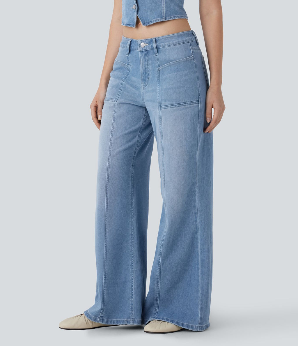 Jean bootcut délavé Halara Flex™ taille basse à poches multiples et fermeture zippée