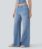 Jean bootcut délavé Halara Flex™ taille basse à poches multiples et fermeture zippée