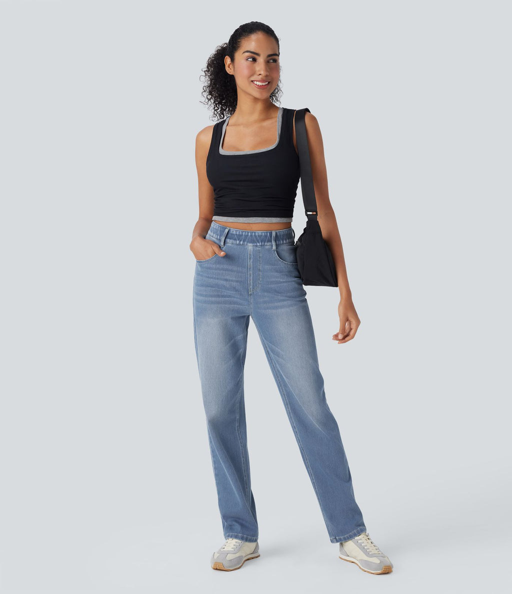 Halara Flex™ Jean casual délavé jambe droite taille haute gainant avec poches