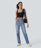 Halara Flex™ Jean casual délavé jambe droite taille haute gainant avec poches