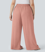 Pantalon décontracté grande taille large fluide taille haute effet lin avec cordon de serrage et poches