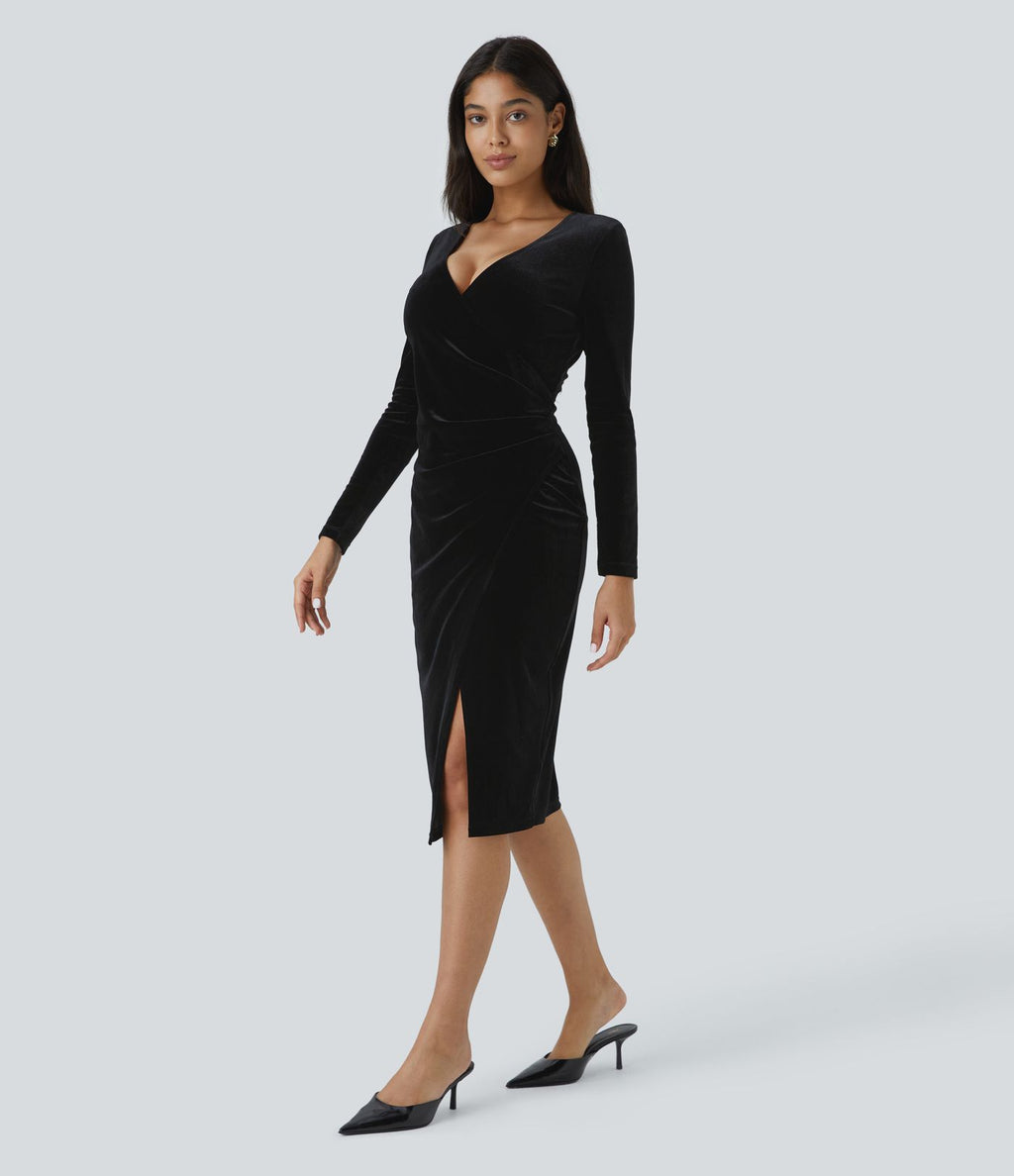 Robe de décontractée mi-longue en velours à col V, manches longues, fronces et fente