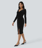 Robe de décontractée mi-longue en velours à col V, manches longues, fronces et fente