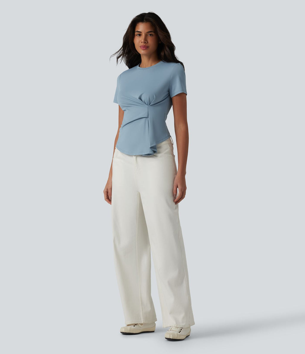 T-shirt décontracté col rond manches courtes froncé ourlet asymétrique