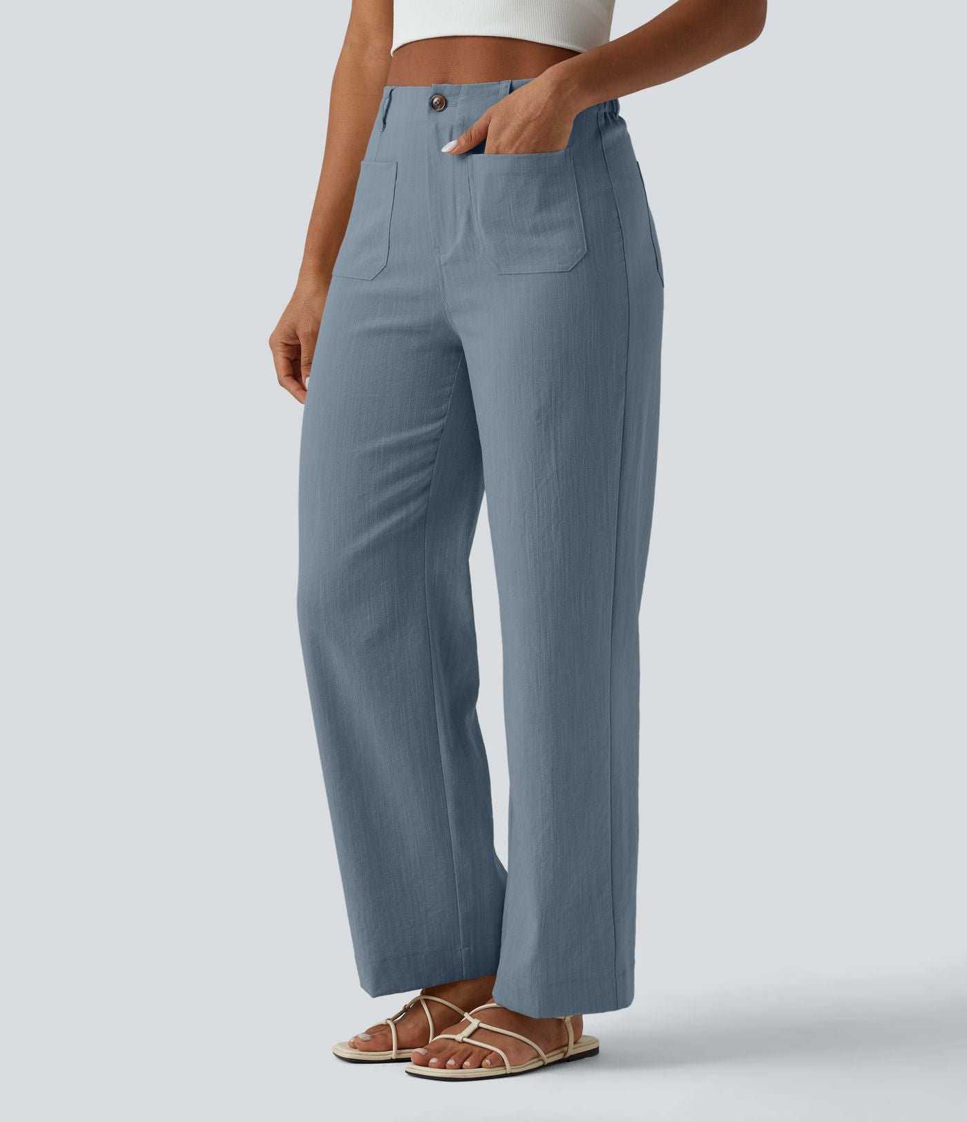 Pantalon taille haute coupe droite effet lin avec poches