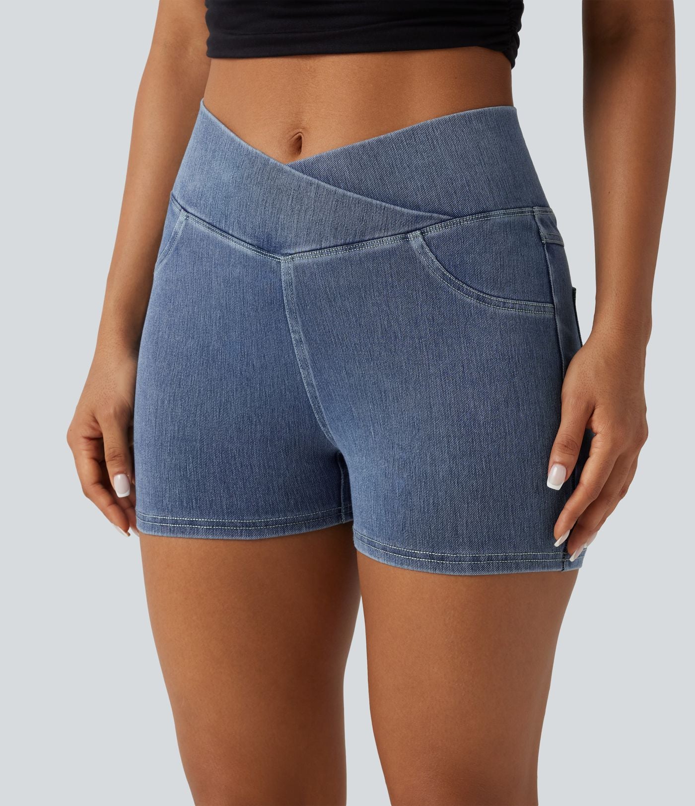 Halara Flex™  Shorts 7,5cm Denim Casual Taille Haute Poches Latérales Croisées en Maille Extensible