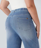 Jean droit décontracté délavé gainant taille haute grande taille avec poches Halara Flex™