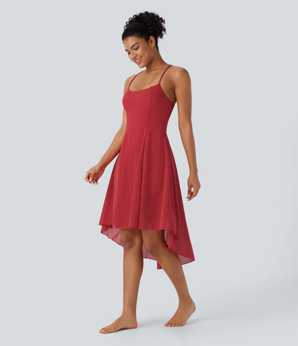 Robe active de danse midi fluide à dos nu avec lacets, 2-en-1, poche, ourlet asymétrique et maille contrastée