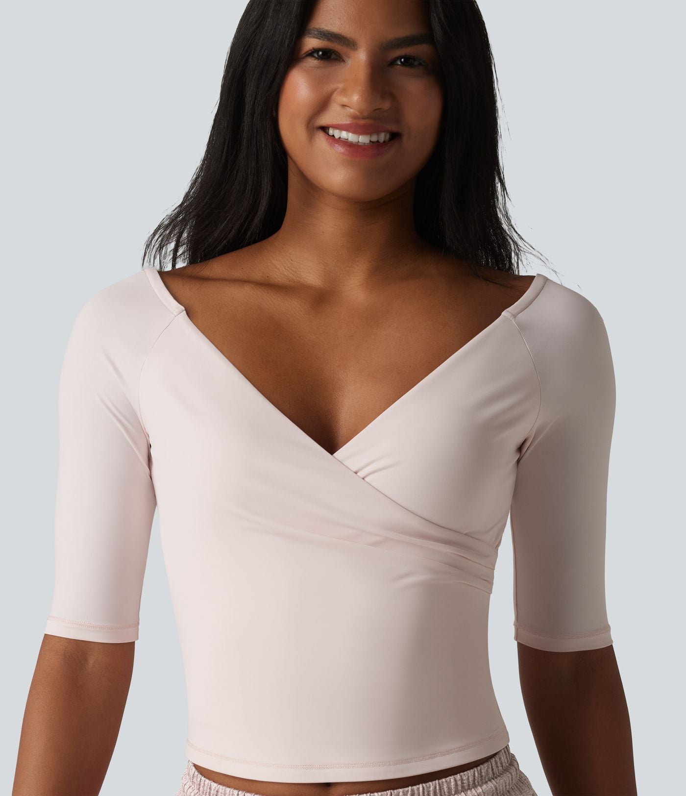 Haut décontracté col V croisé manches mi-longues coupe ultra-ajustée effet frais InstantCool, protection solaire UPF50+
