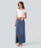 Halara Flex™ Jupe en Jean longue décontractée extensible délavé taille moyenne avec fente et multiples poches