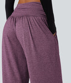 Pantalon de yoga large froncé chiné taille haute avec poches