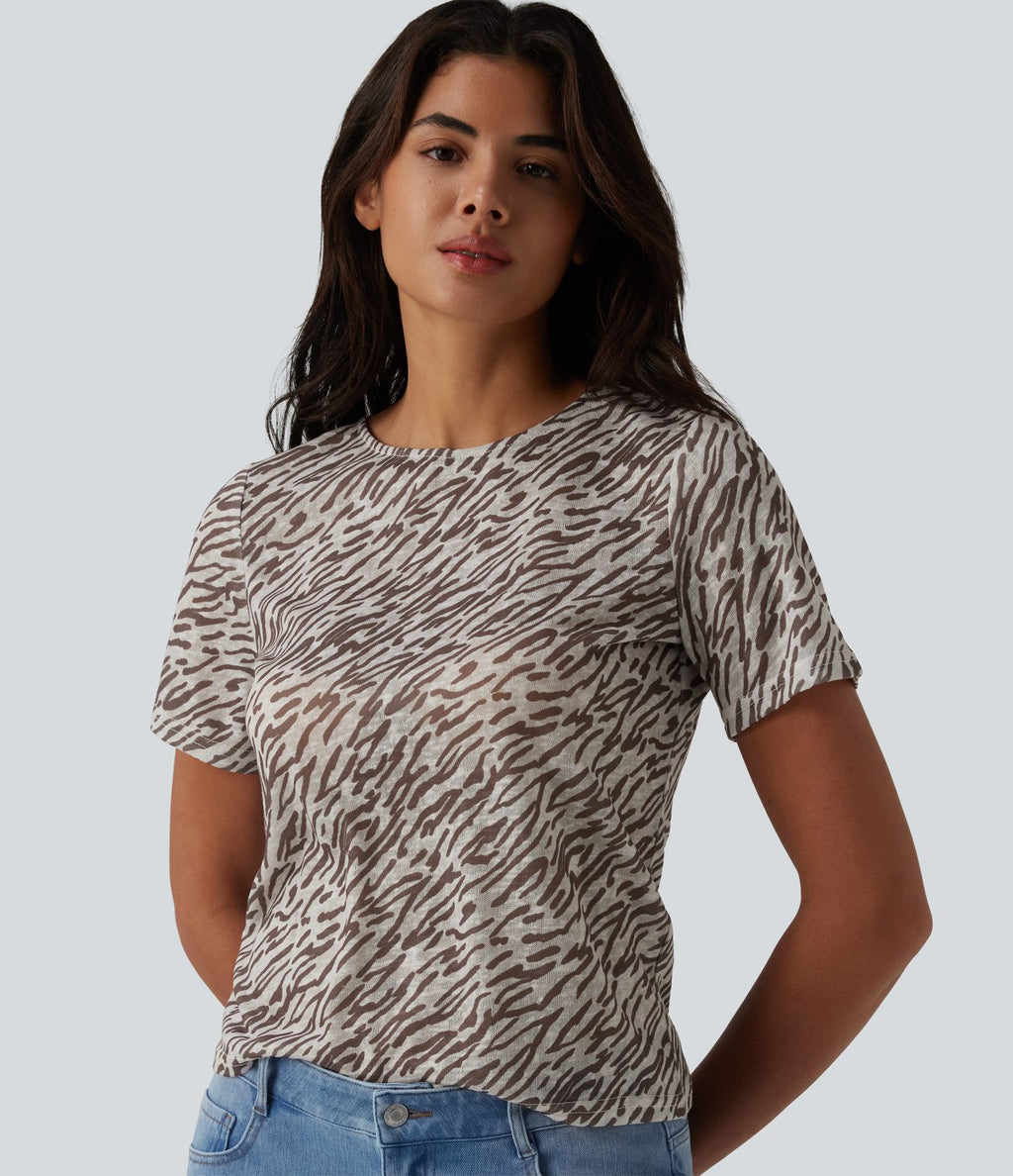 T-shirt casual imprimé zèbre col rond à manches courtes