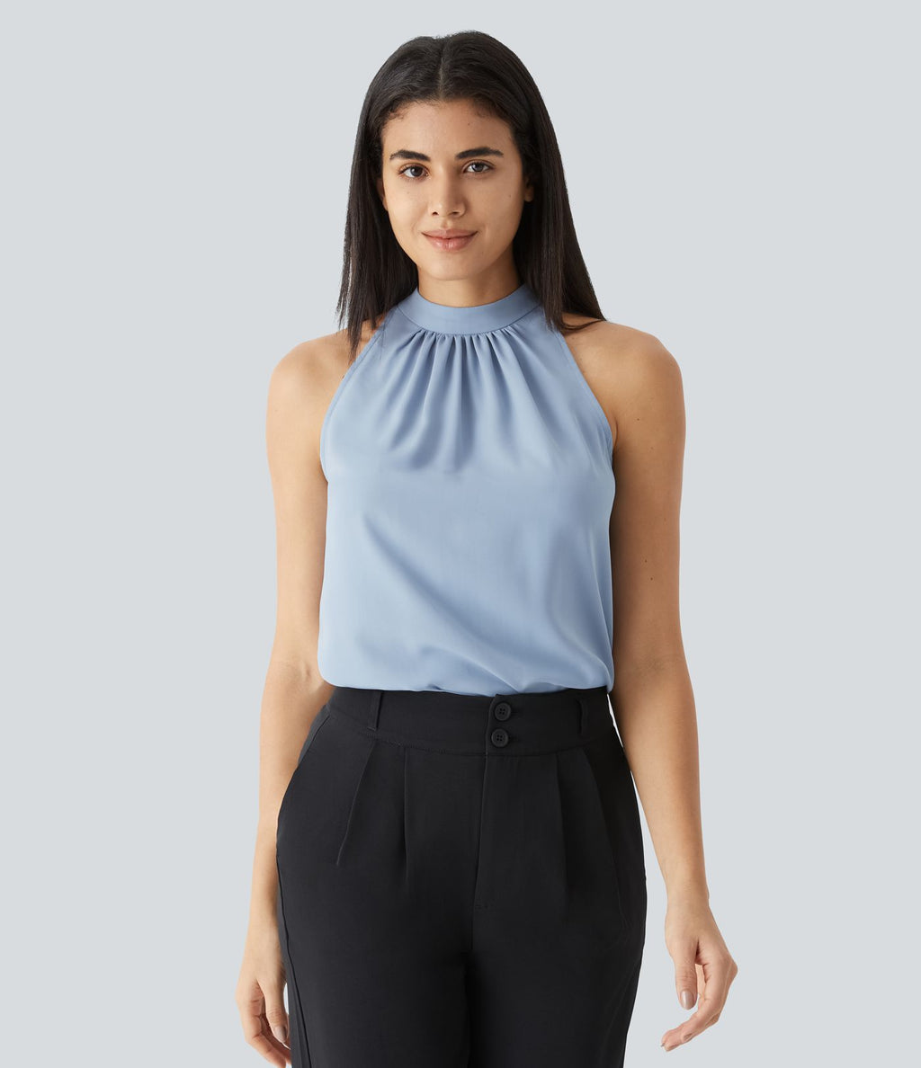Blouse Travail Sans Manches Ourlet Courbé Col Haut Découpe au Dos Plis