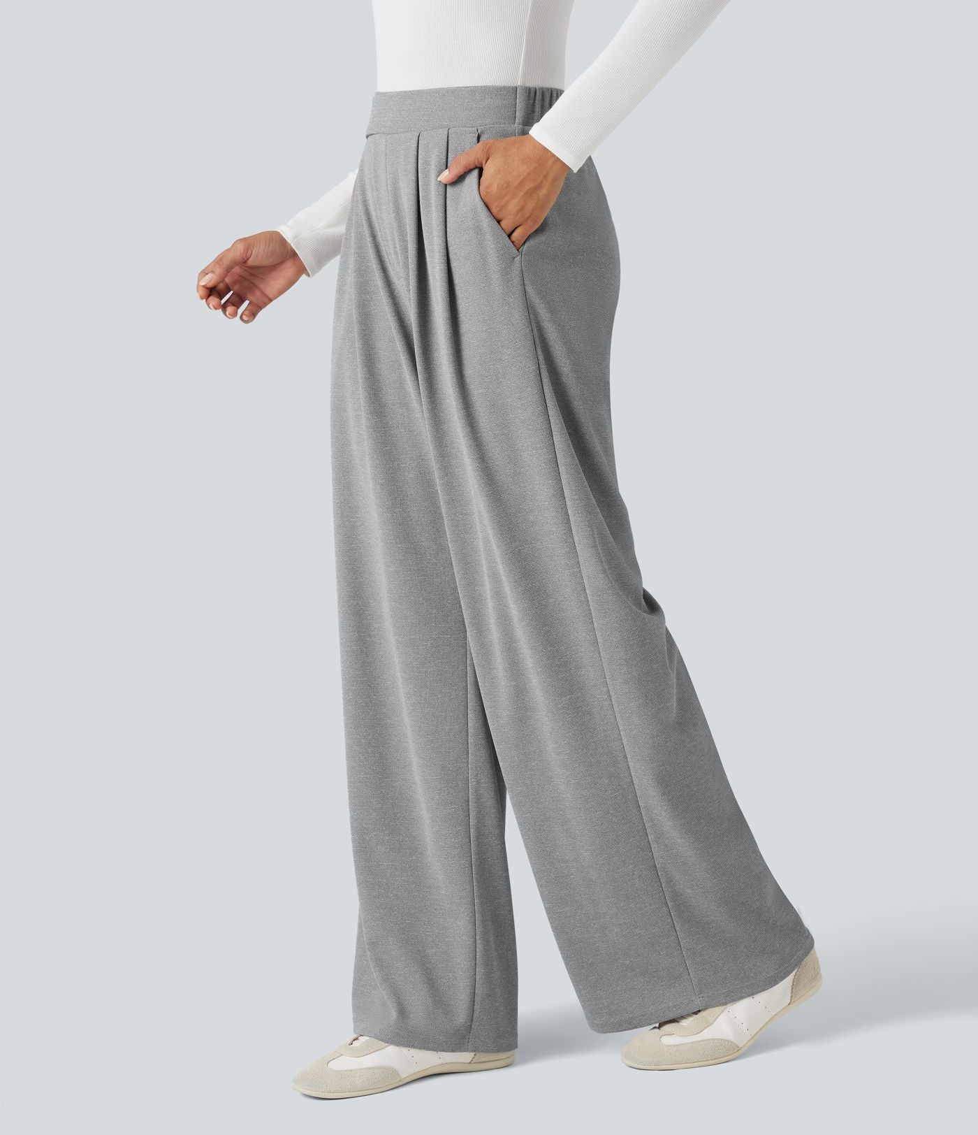 Pantalon taille haute décontracté large en maille gaufrée, avec poches