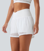 Short de yoga 2-en-1 SoftlyZero™ QuickDry taille haute croisée avec broderie anglaise et poches, 7,5 cm