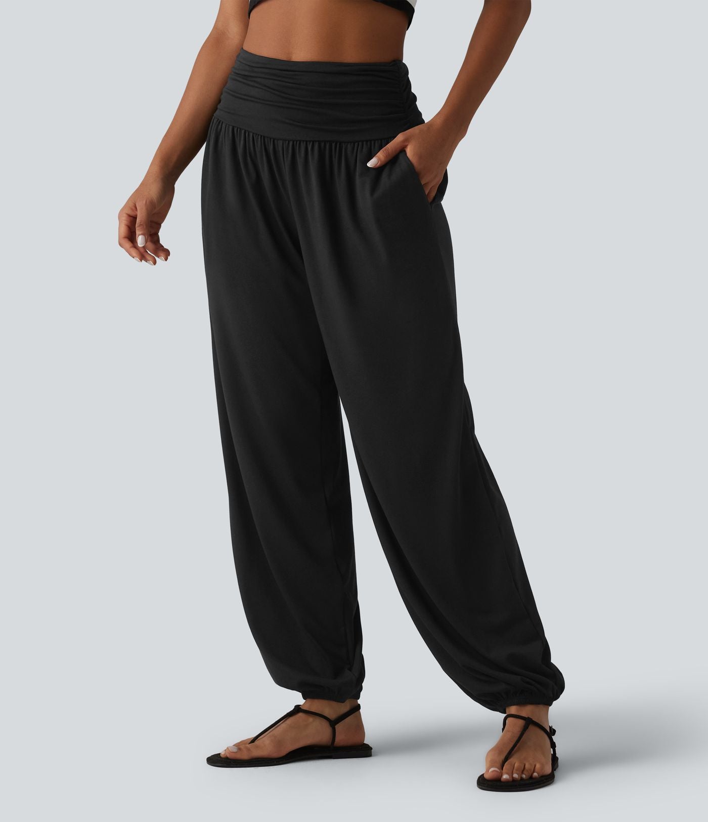 Jogging casual taille haute froncé avec poches