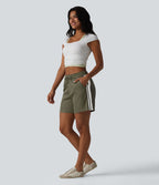 Short ample décontracté à taille mi-haute, cordon de serrage, rayures color block, imprimé léopard contrastant, 12,5 cm, avec poches