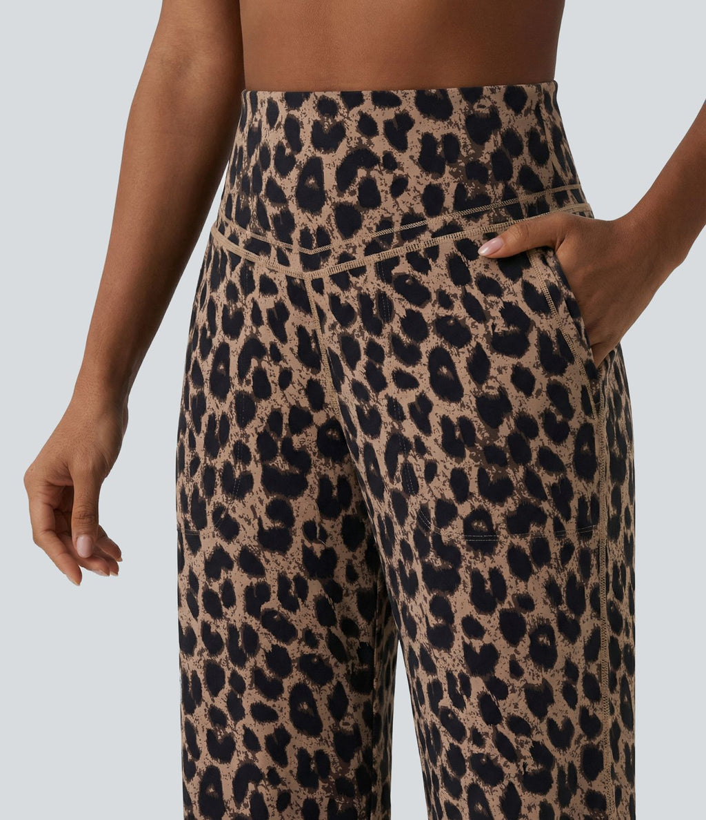 Pantalon de yoga jambes droites taille haute gainant imprimé léopard Halara UltraSculpt™ avec poches