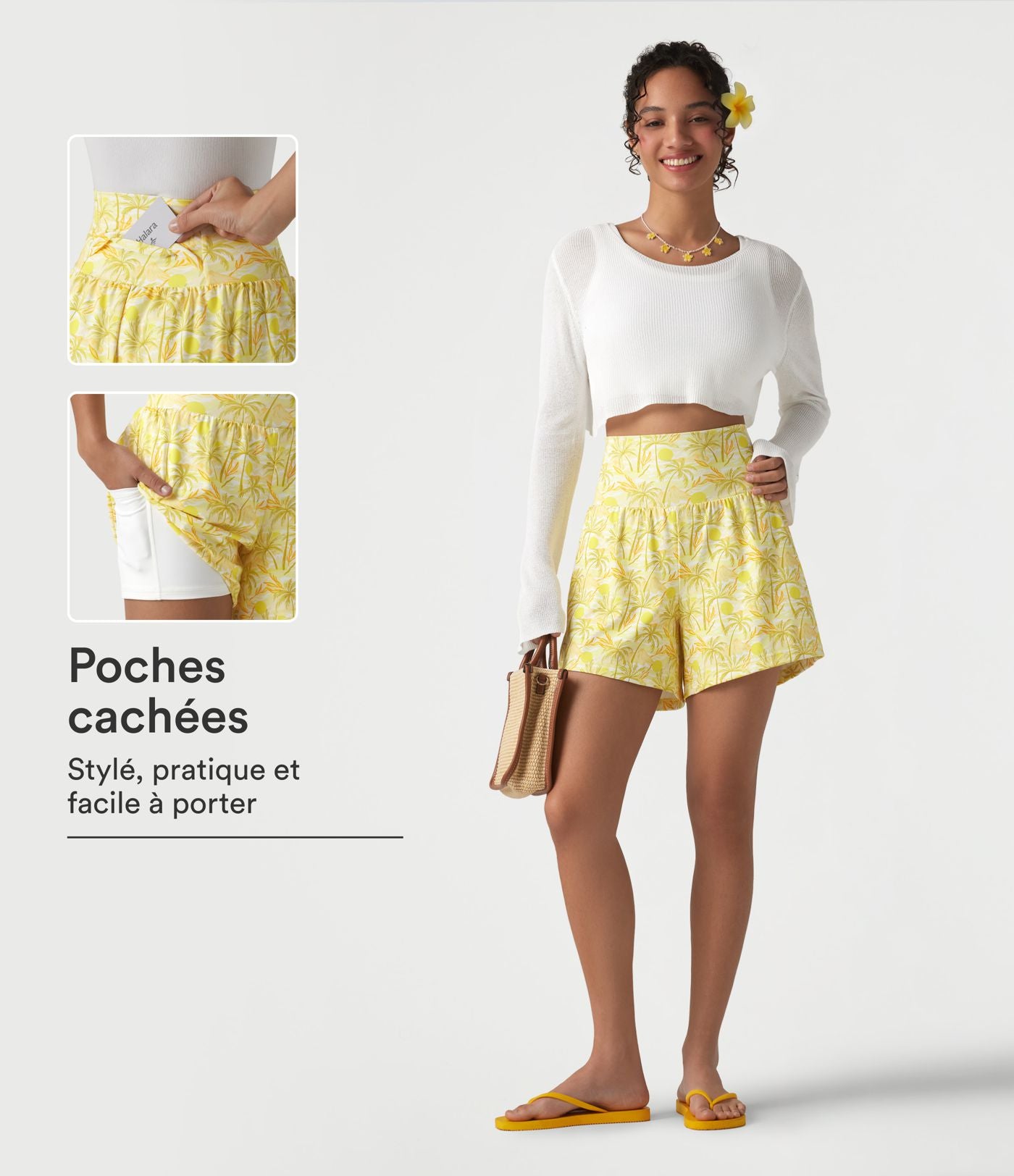 Short hawaïen 2 en 1 taille haute 12,5 cm avec poches