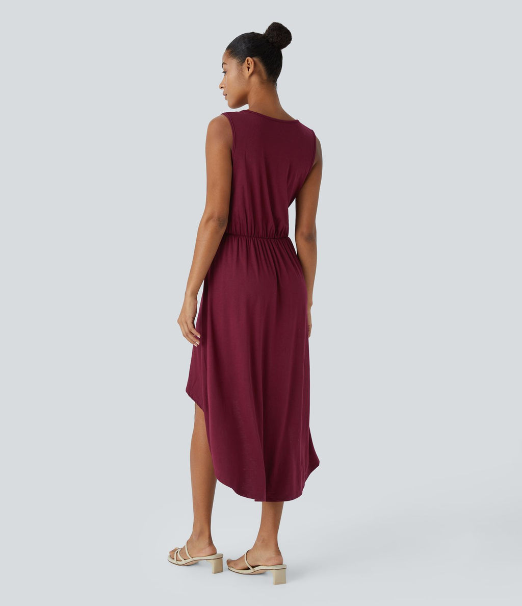 Robe Mi-Longue Plissée Décolleté Plongeant Sans Manches Haut Bas Ourlet Croisé