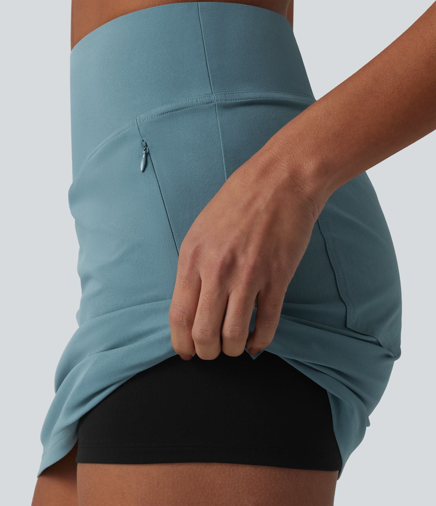 Jupe mini casual 2-en-1 trapèze taille haute en popeline extensible avec poches