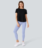 Haut de sport yoga à manches courtes avec ourlet fendu, effet frais InstantCool et mesh contrastant, protection solaire UPF50+