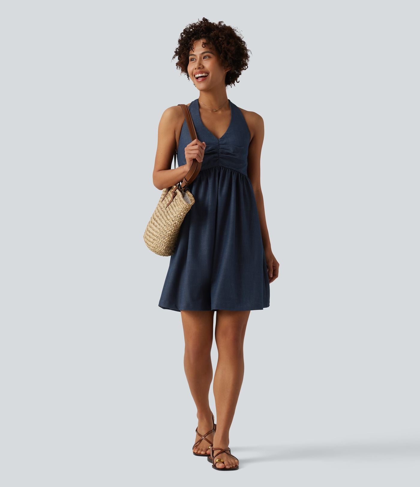 Robe resort dos-nu dos nu à smocks aspect jean avec poches