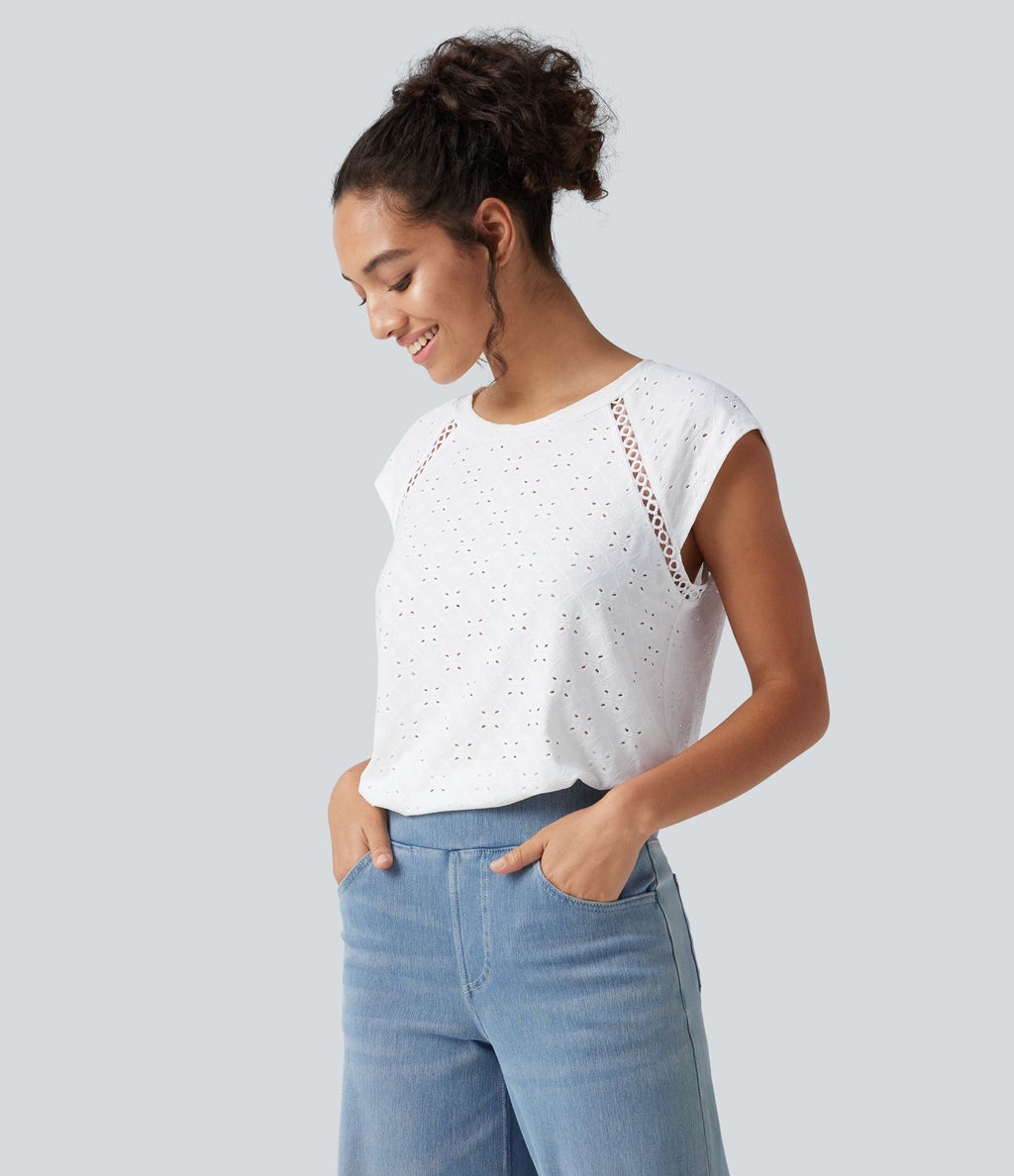 Blouse décontractée à col rond, mancherons, découpes et lien au dos