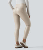 Pantalon 7/8 moulant décontracté polaire gainant taille haute extensible effet cuir avec poches