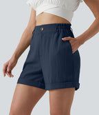 Short resort 12,5 cm taille haute effet lin avec ourlet roulotté et poches