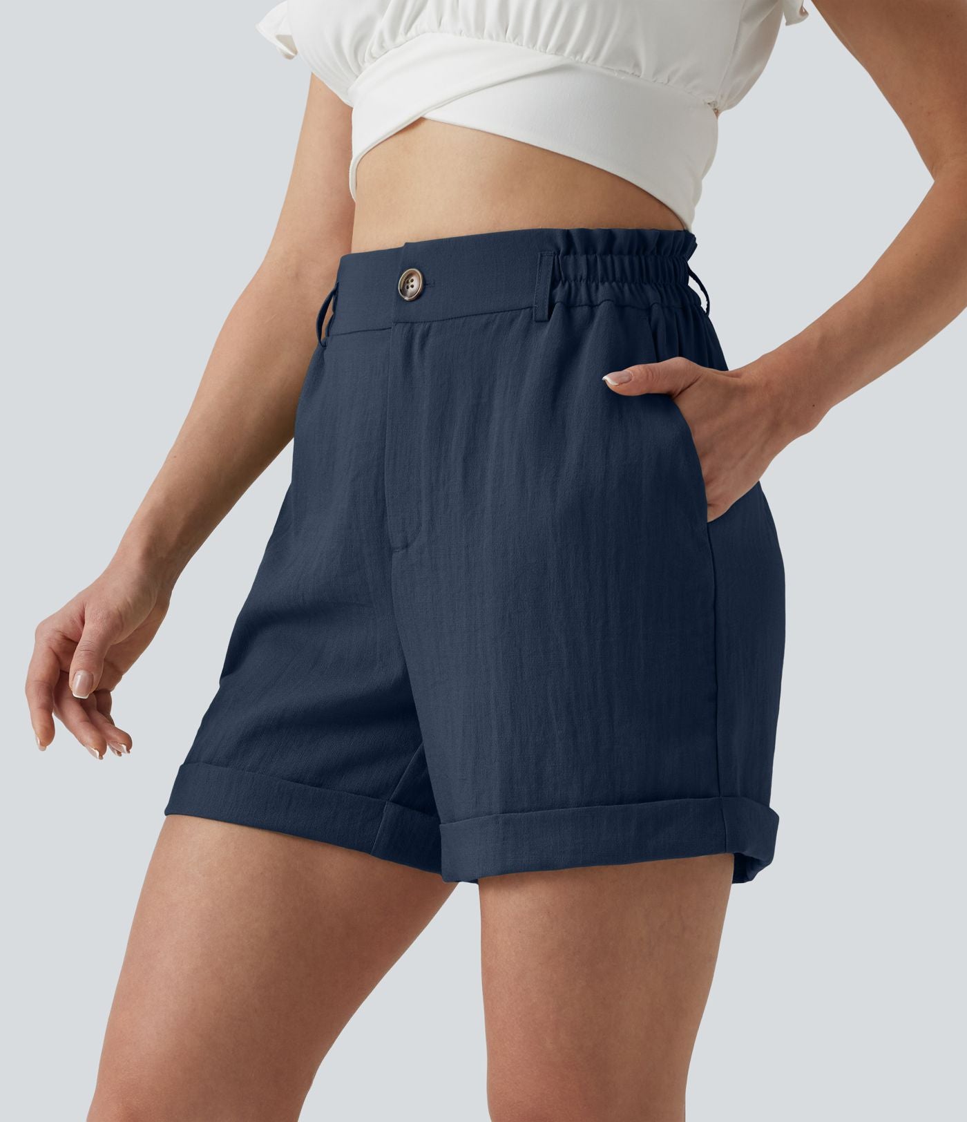 Short resort 12,5 cm taille haute effet lin avec ourlet roulotté et poches