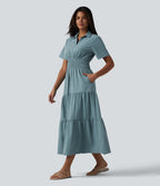 Robe-chemise midi fluide et décontractée en popeline extensible à manches courtes et poches