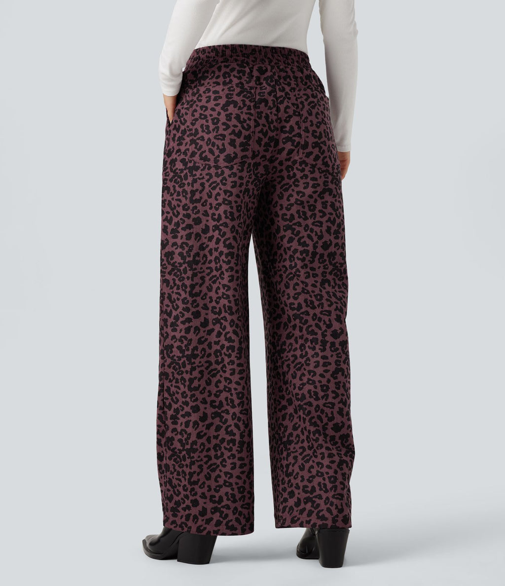 Pantalon léopard ample décontracté velours côtelé imprimé taille haute avec poches