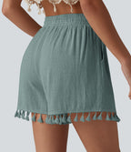 Short ample de vacances en mélange de lin taille haute avec cordon de serrage et ourlet à franges à poches