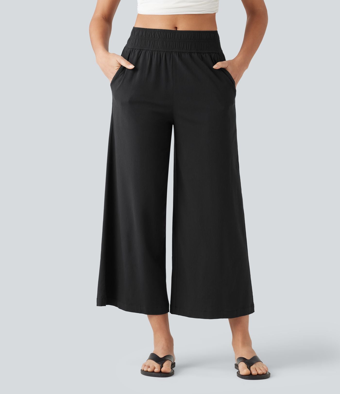 Pantalon large fluide 7/8 taille mi-haute en lin extensible avec poches