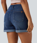 Short denim décontracté Halara Flex™ asymétrique délavé taille haute ourlet roulotté avec poches