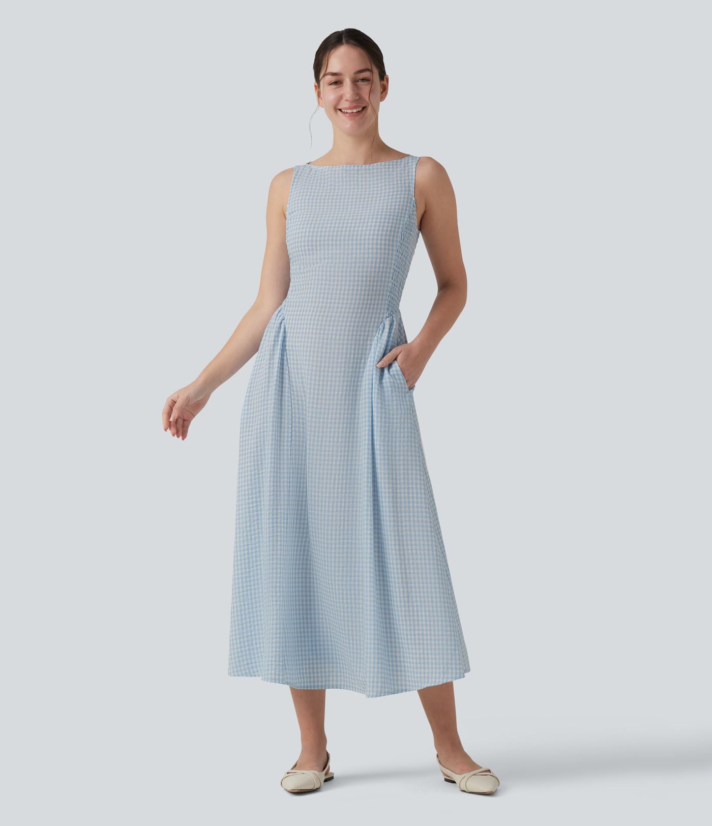Robe longue fluide casual aspect lin col bateau sans manches à carreaux avec poches