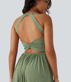 Robe longue fluide fendue avec poches latérales, dos nu et effet torsadé