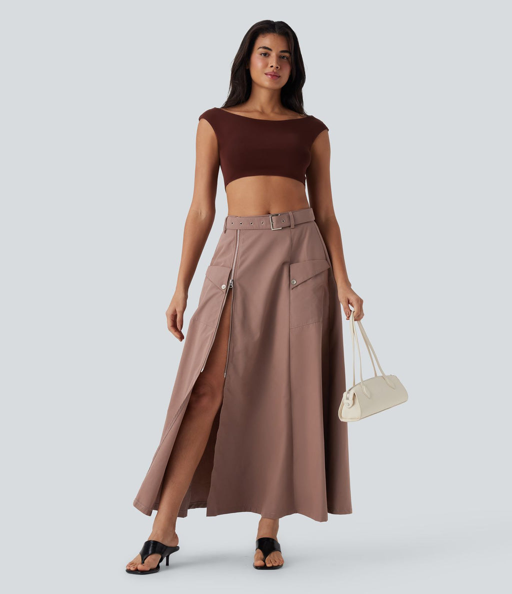 Jupe longue décontractée taille mi-haute avec ceinture fermeture éclair fente et poches latérales