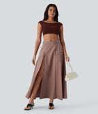 Jupe longue décontractée taille mi-haute avec ceinture fermeture éclair fente et poches latérales