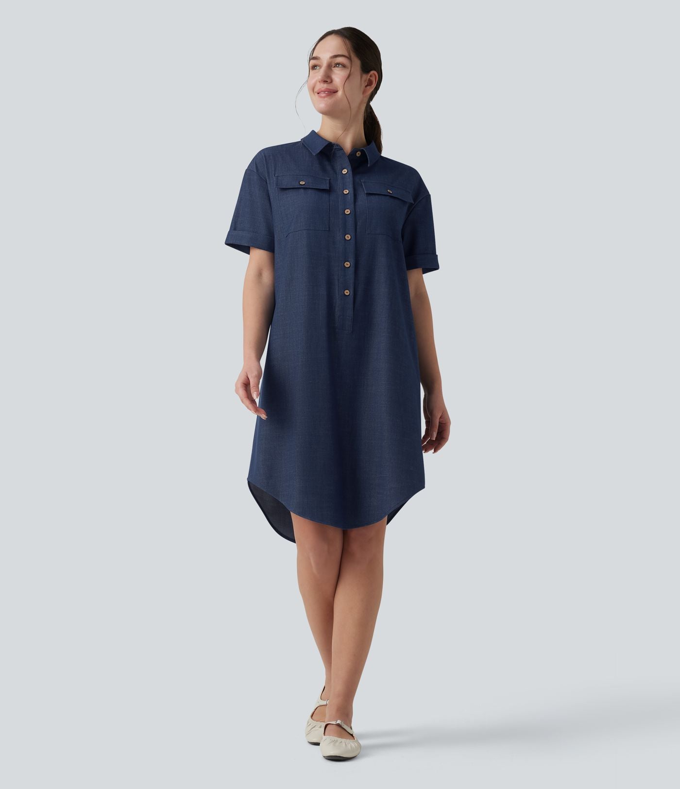 Robe casual mi-longue col manches courtes ourlet courbe avec poches